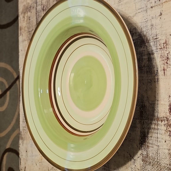 💚 Over and Back Large Pasta Serving Bowl Green Brown Stripes 13.5" - Picture 3 of 5